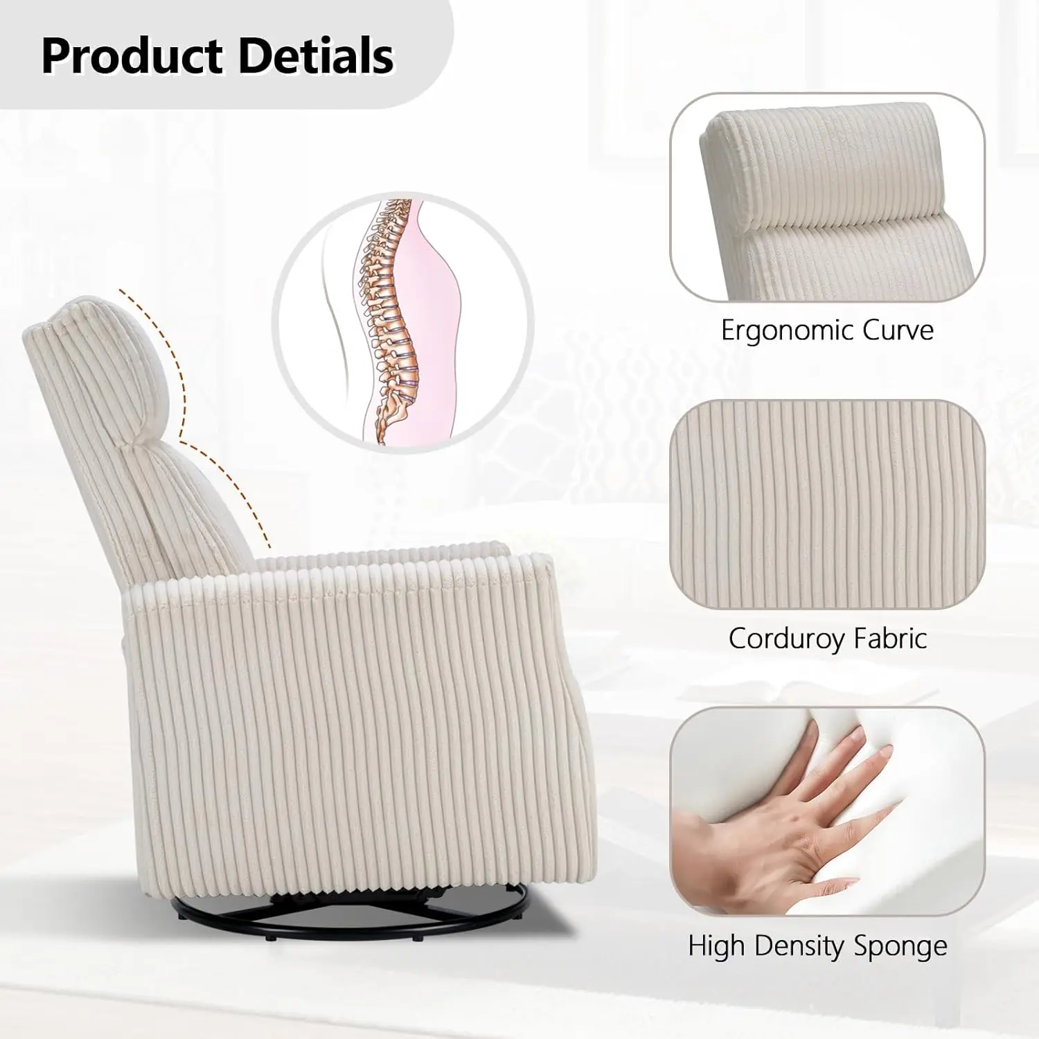 High-Back Swivel Rocker Nursery Chair with Arms Corduroy Glider Living Room Bedroom Beige, Customized