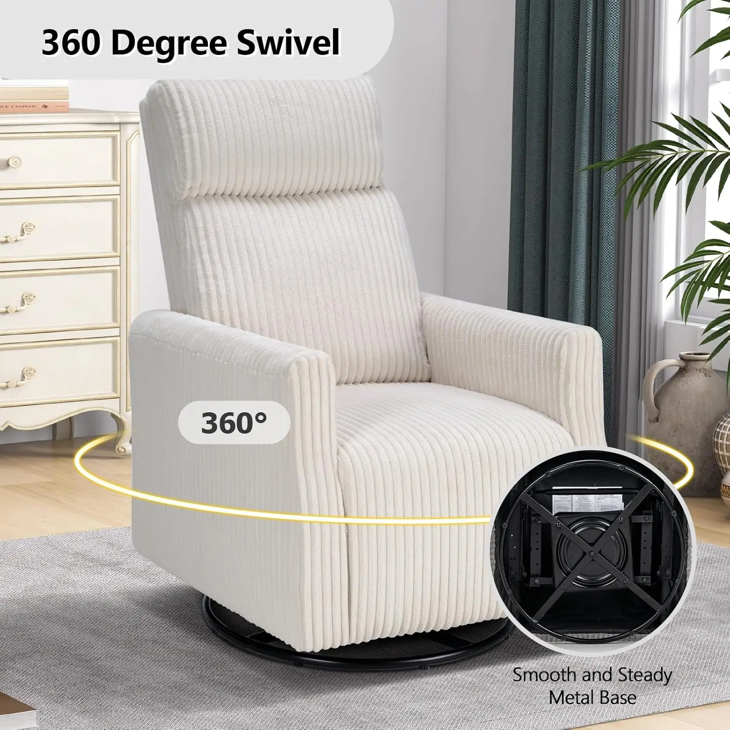 High-Back Swivel Rocker Nursery Chair with Arms Corduroy Glider Living Room Bedroom Beige, Customized