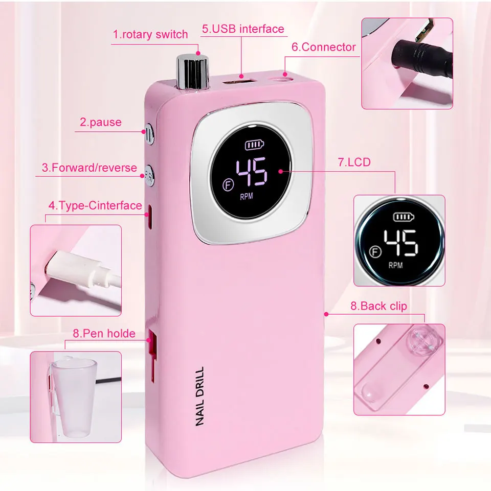 45000RPM Rechargeable Nail Art Electric Nail Drill Professional Nail Grinder Set Suitable for Home Nail Salon Tools