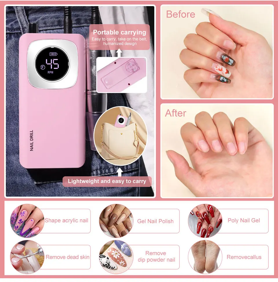 45000RPM Rechargeable Nail Art Electric Nail Drill Professional Nail Grinder Set Suitable for Home Nail Salon Tools