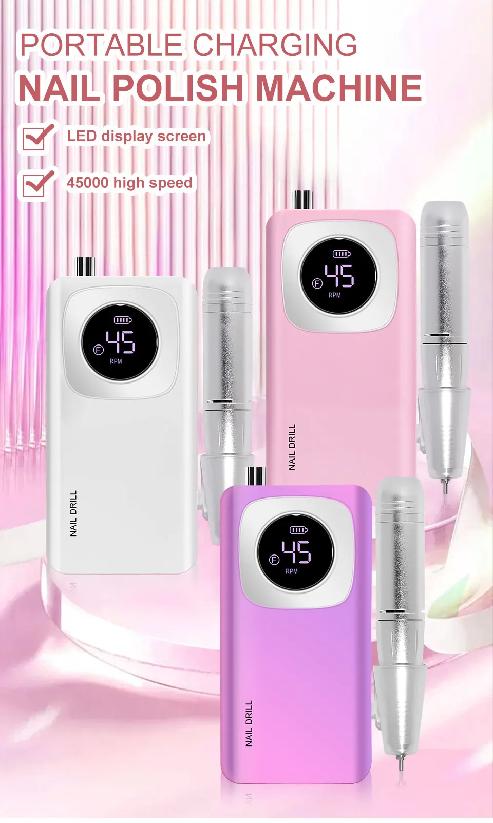 45000RPM Rechargeable Nail Art Electric Nail Drill Professional Nail Grinder Set Suitable for Home Nail Salon Tools