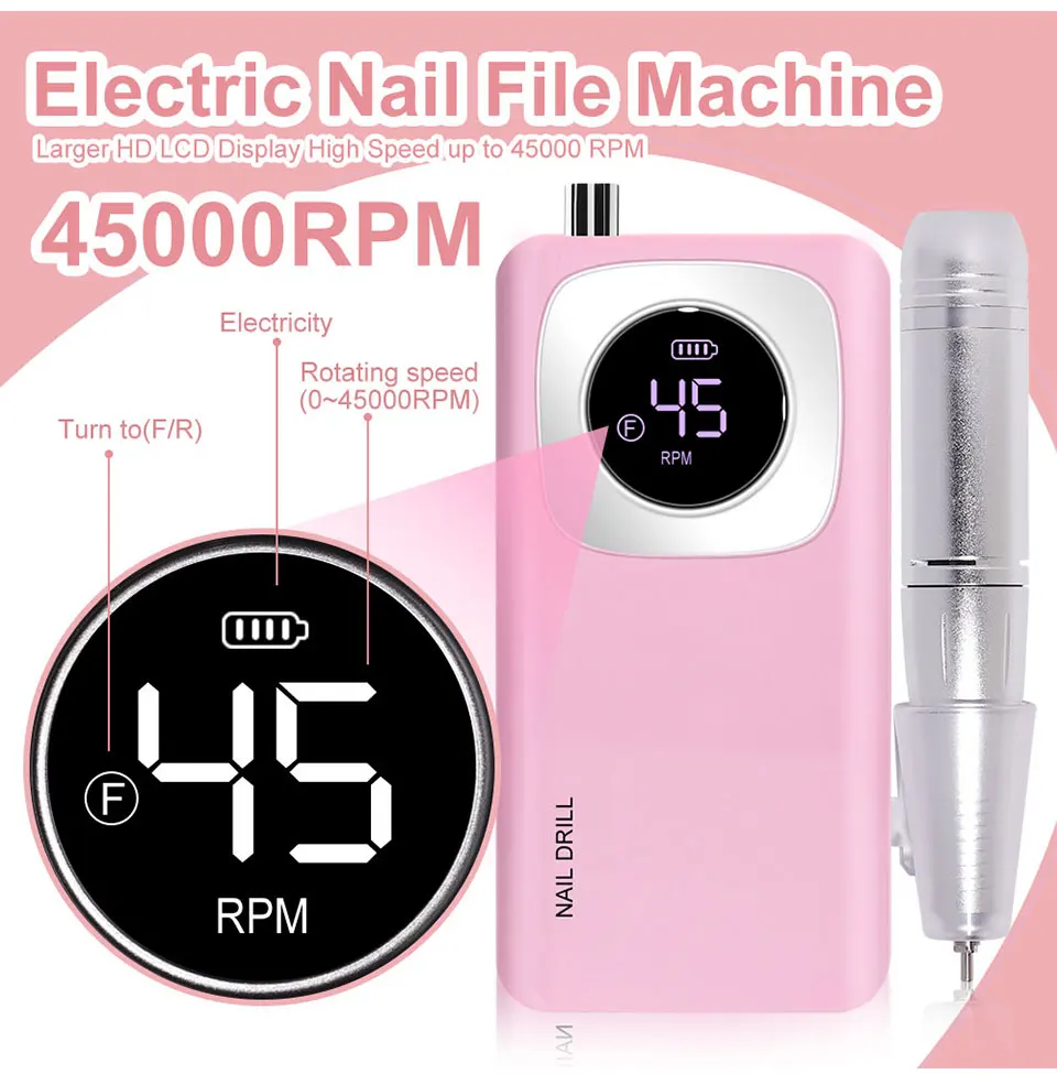 45000RPM Rechargeable Nail Art Electric Nail Drill Professional Nail Grinder Set Suitable for Home Nail Salon Tools