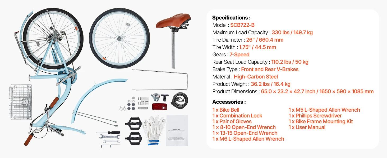 SucceBuy Cruiser Bike 24/26Inch Beach Cruiser Bike with Basket Rear Rack Adjustable Seat, Fits for Cycling, Exercise & Shopping