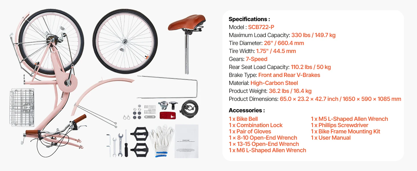 SucceBuy Cruiser Bike 24/26Inch Beach Cruiser Bike with Basket Rear Rack Adjustable Seat, Fits for Cycling, Exercise & Shopping