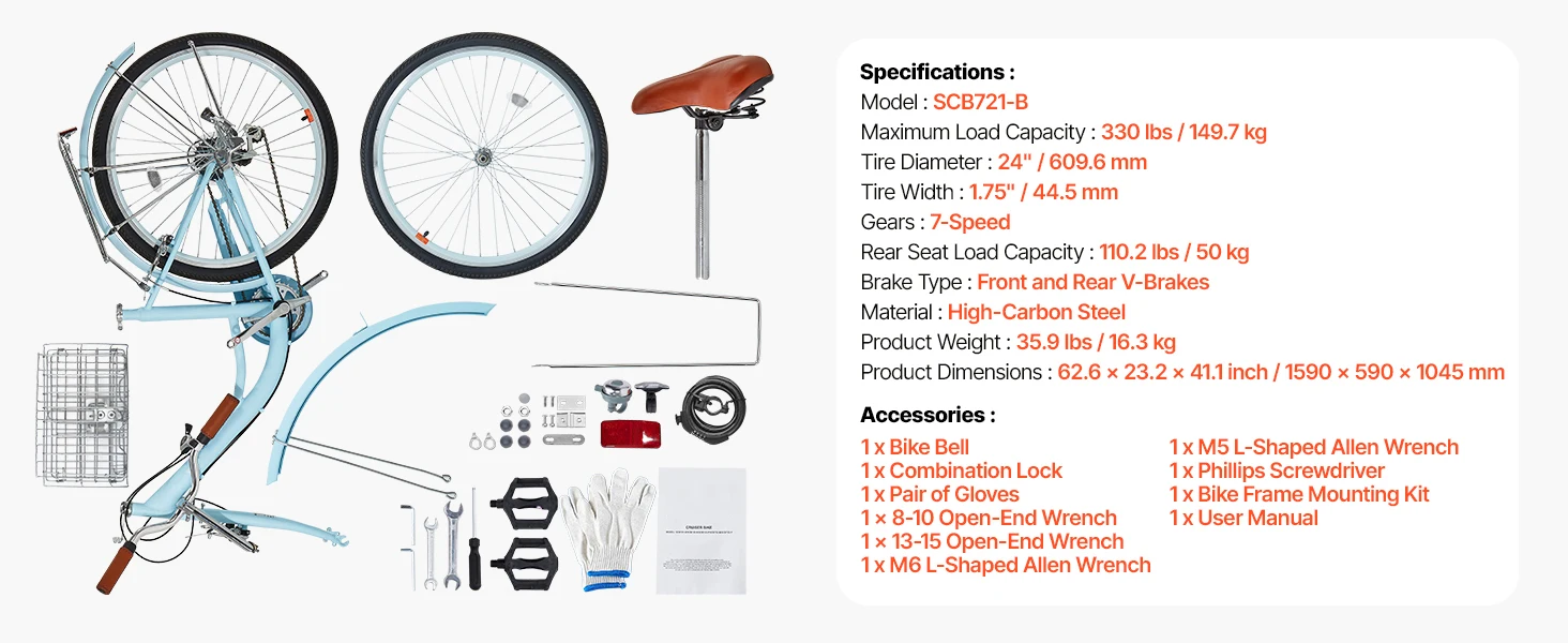 SucceBuy Cruiser Bike 24/26Inch Beach Cruiser Bike with Basket Rear Rack Adjustable Seat, Fits for Cycling, Exercise & Shopping