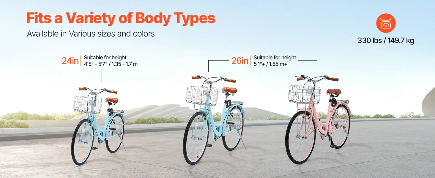 SucceBuy Cruiser Bike 24/26Inch Beach Cruiser Bike with Basket Rear Rack Adjustable Seat, Fits for Cycling, Exercise & Shopping