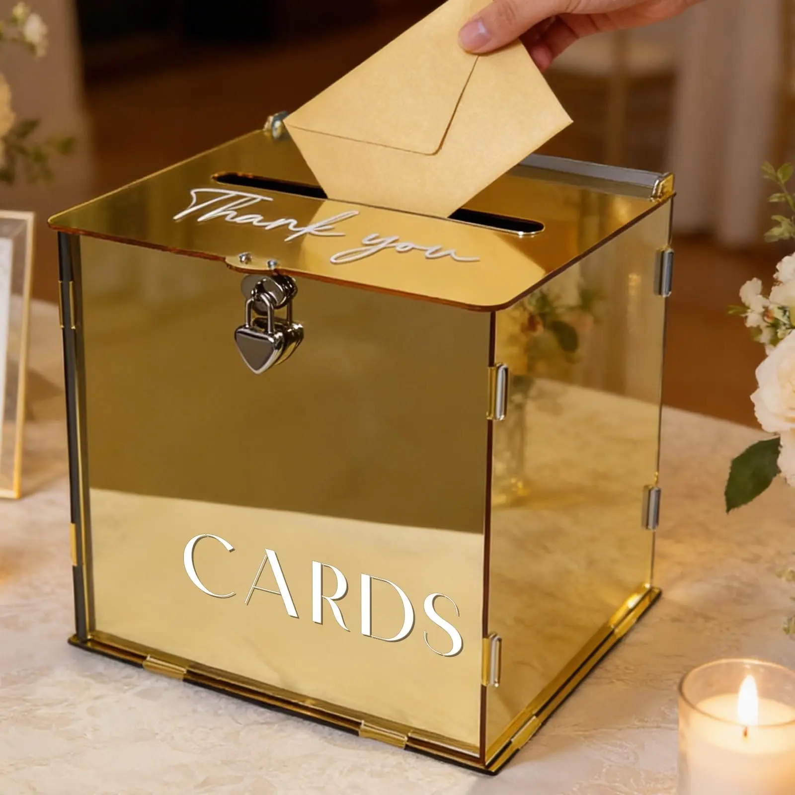 Gold Mirror Acrylic Wedding Card Boxes for Reception, Money Gift Cards Box for Party Engagement Birthday Graduation Table Decor