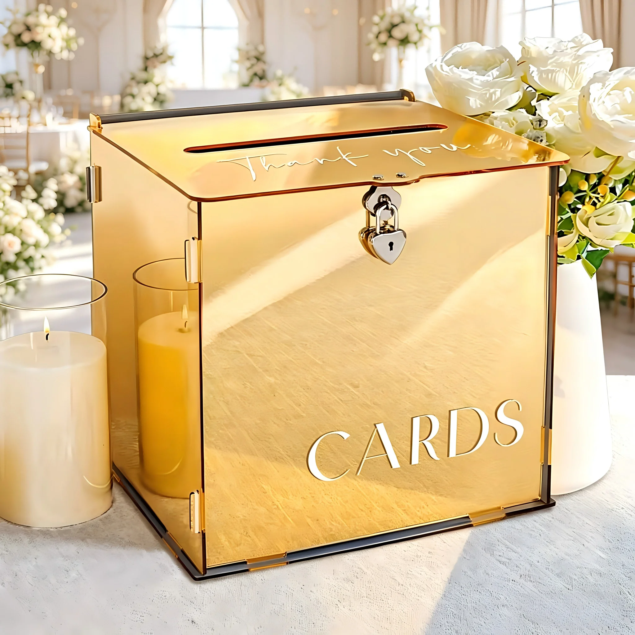 Gold Mirror Acrylic Wedding Card Boxes for Reception, Money Gift Cards Box for Party Engagement Birthday Graduation Table Decor