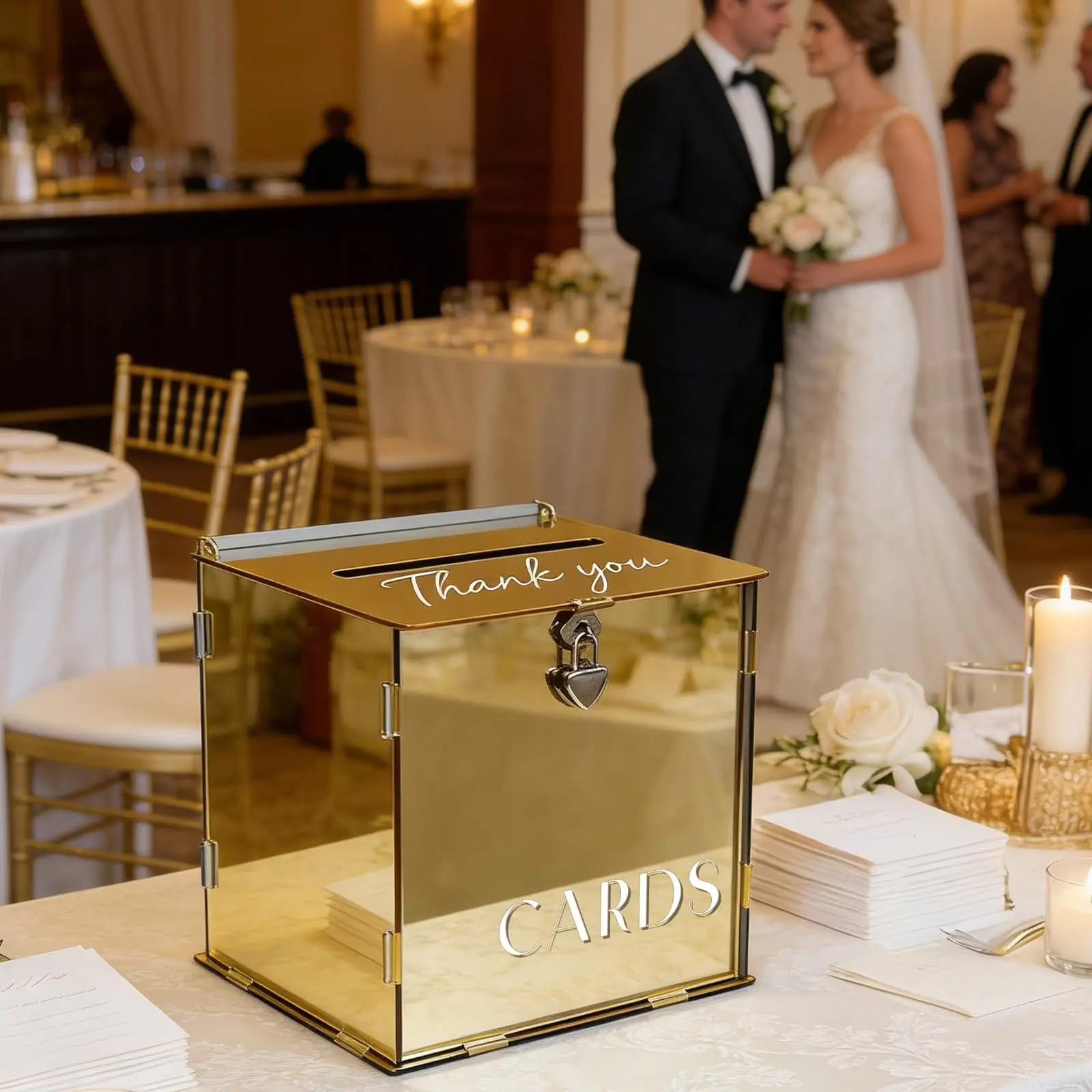 Gold Mirror Acrylic Wedding Card Boxes for Reception, Money Gift Cards Box for Party Engagement Birthday Graduation Table Decor