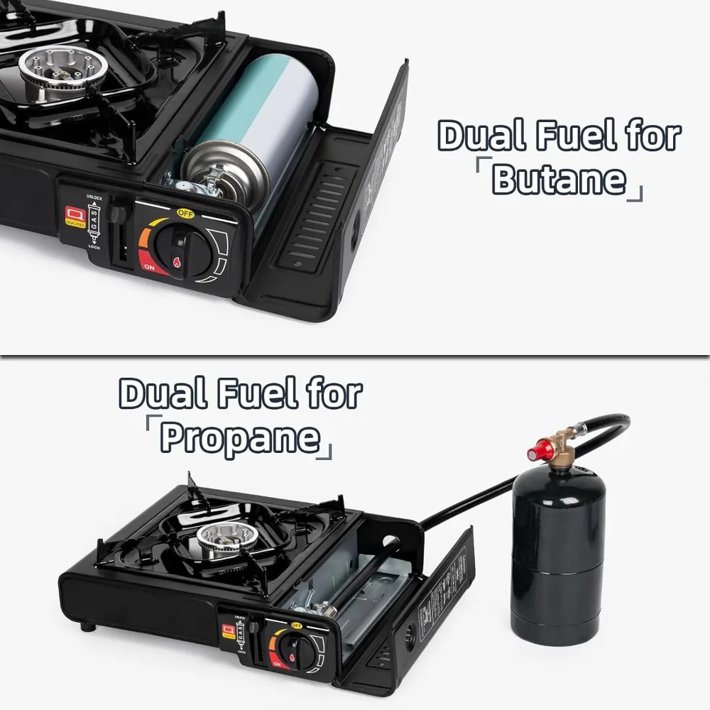 Dual Fuel Portable Camping Stove with Butane Propane Compatibility 7800 BTUs Output Includes Hose and Case