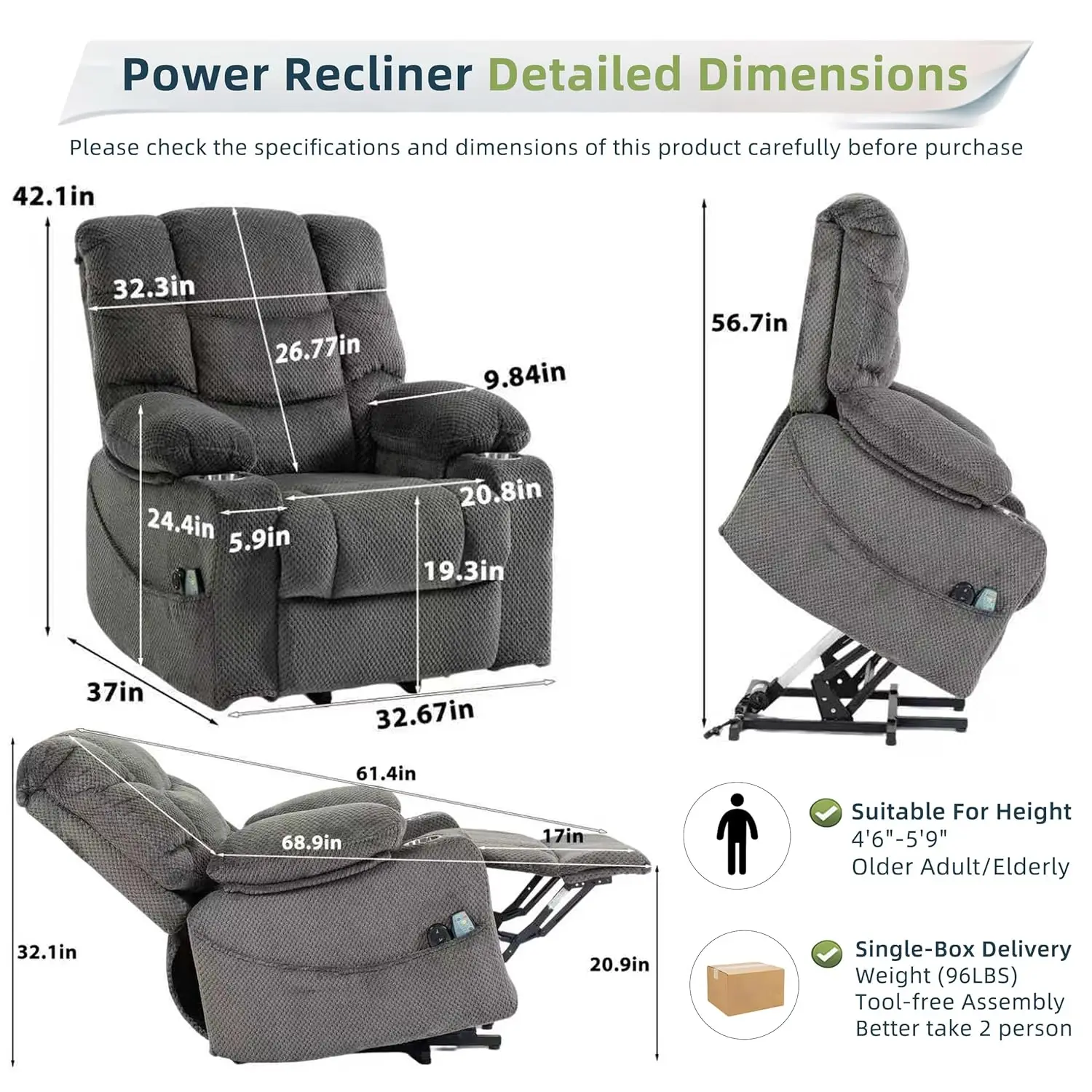 Power Lift Velvet Recliner Massage Heat 160° Lay Flat Sofa w/ Cup Holders Living Room, Customized