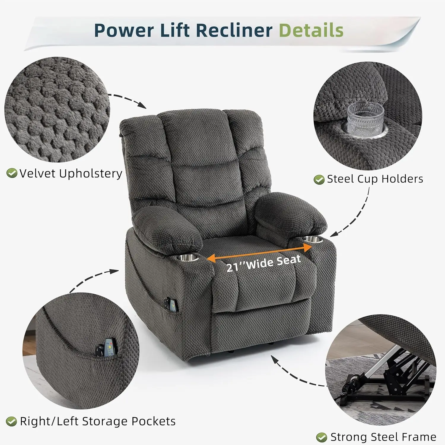 Power Lift Velvet Recliner Massage Heat 160° Lay Flat Sofa w/ Cup Holders Living Room, Customized