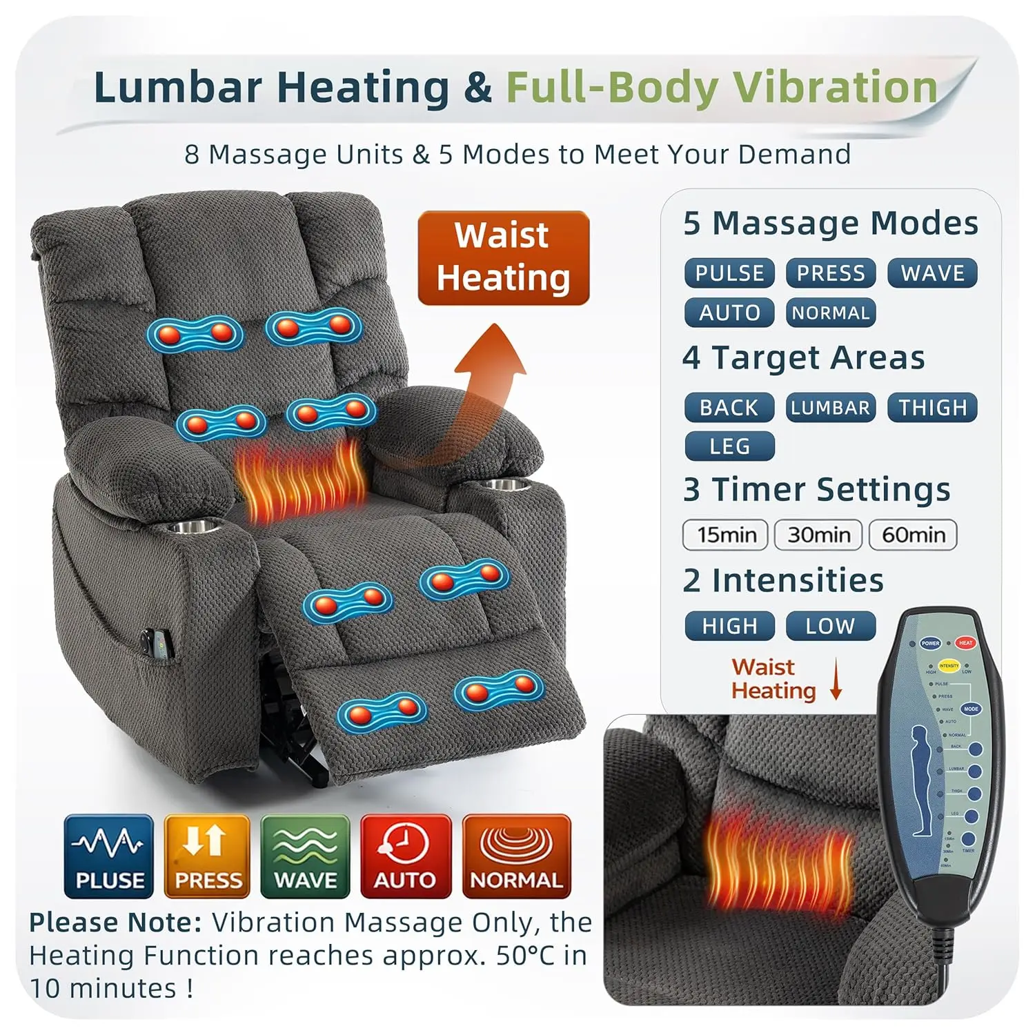 Power Lift Velvet Recliner Massage Heat 160° Lay Flat Sofa w/ Cup Holders Living Room, Customized