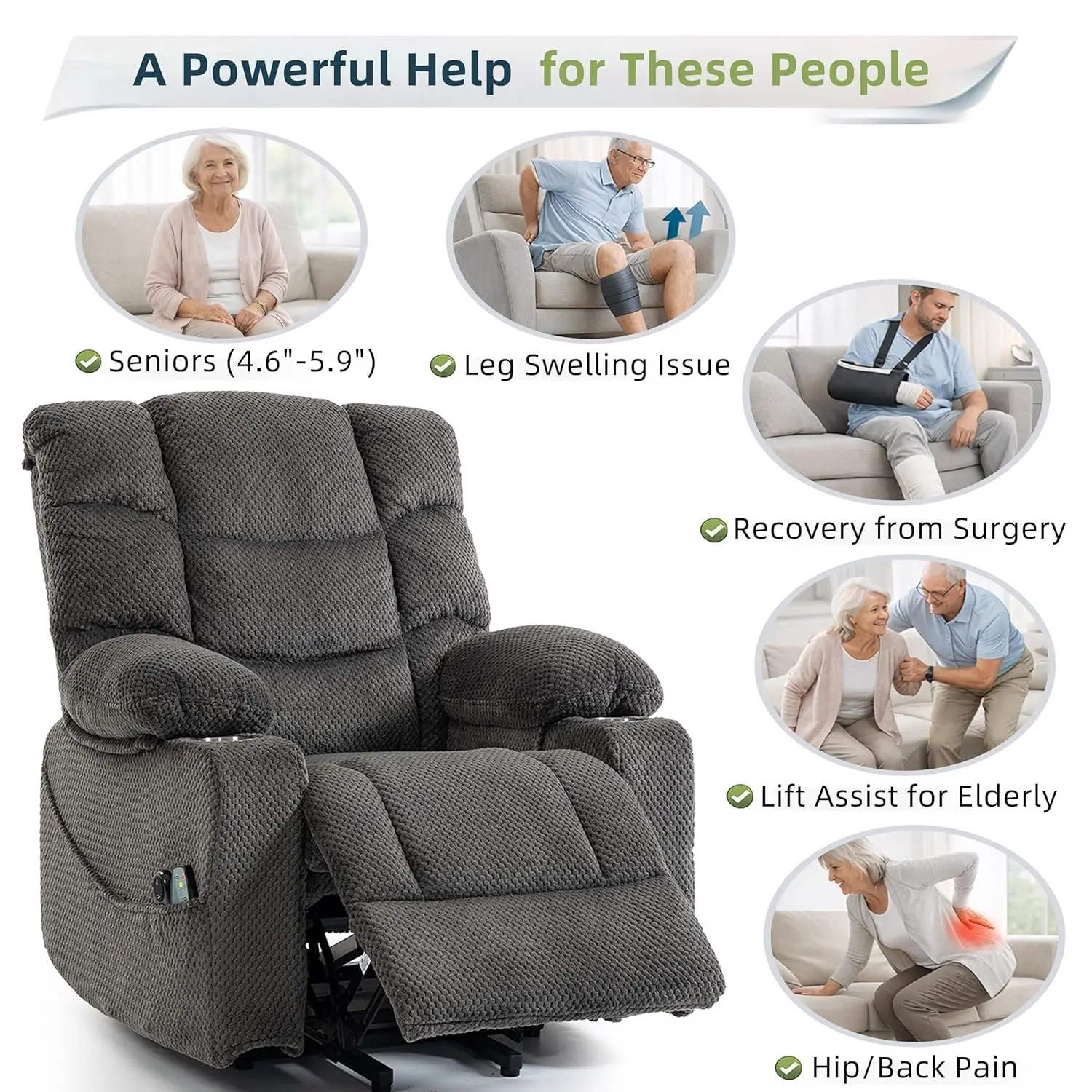Power Lift Velvet Recliner Massage Heat 160° Lay Flat Sofa w/ Cup Holders Living Room, Customized