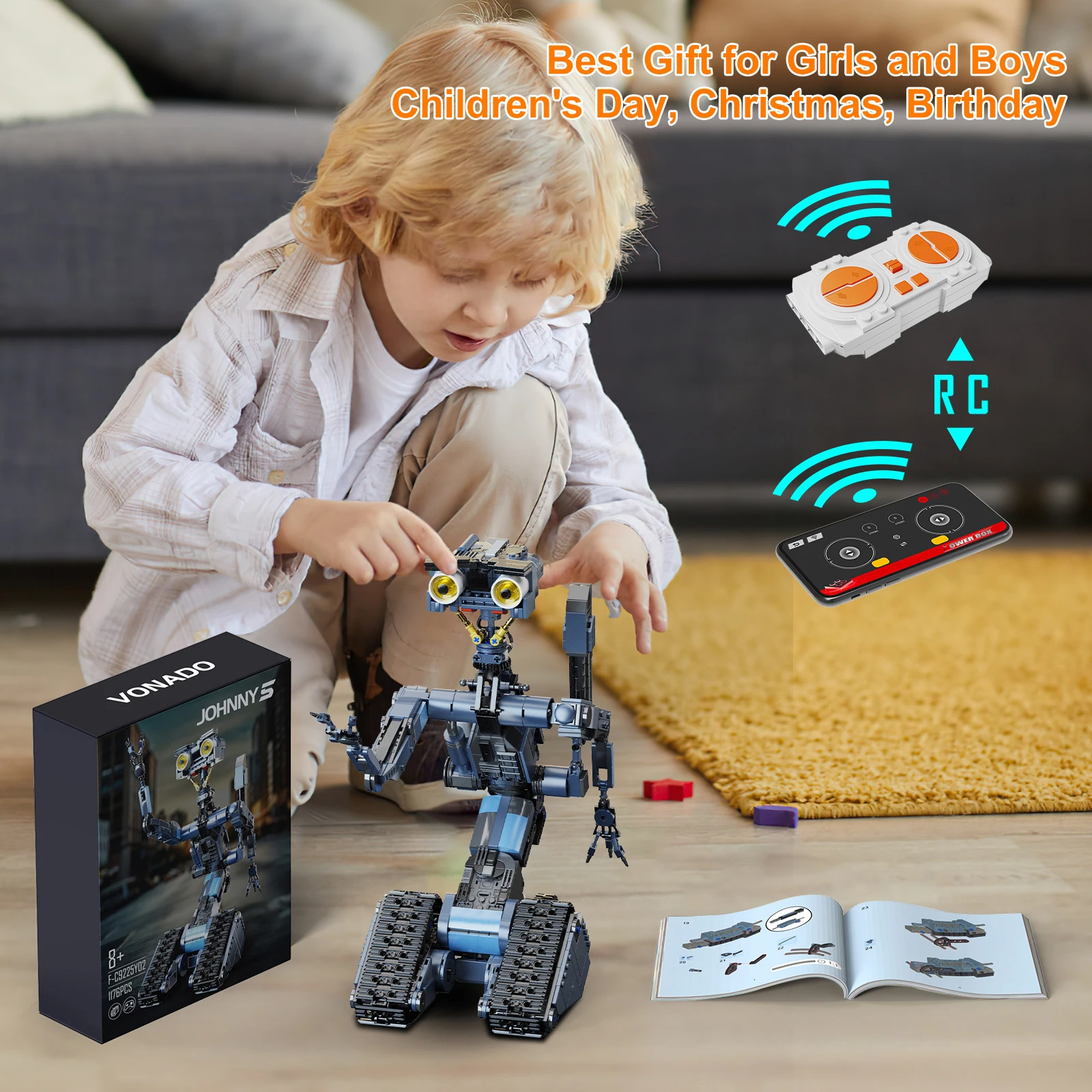 Johnny 5 Robot Building Blocks Set with Remote Control Creative Machine Home Decoration Room Desktop Ornament Chirstmas Gifts for Adult