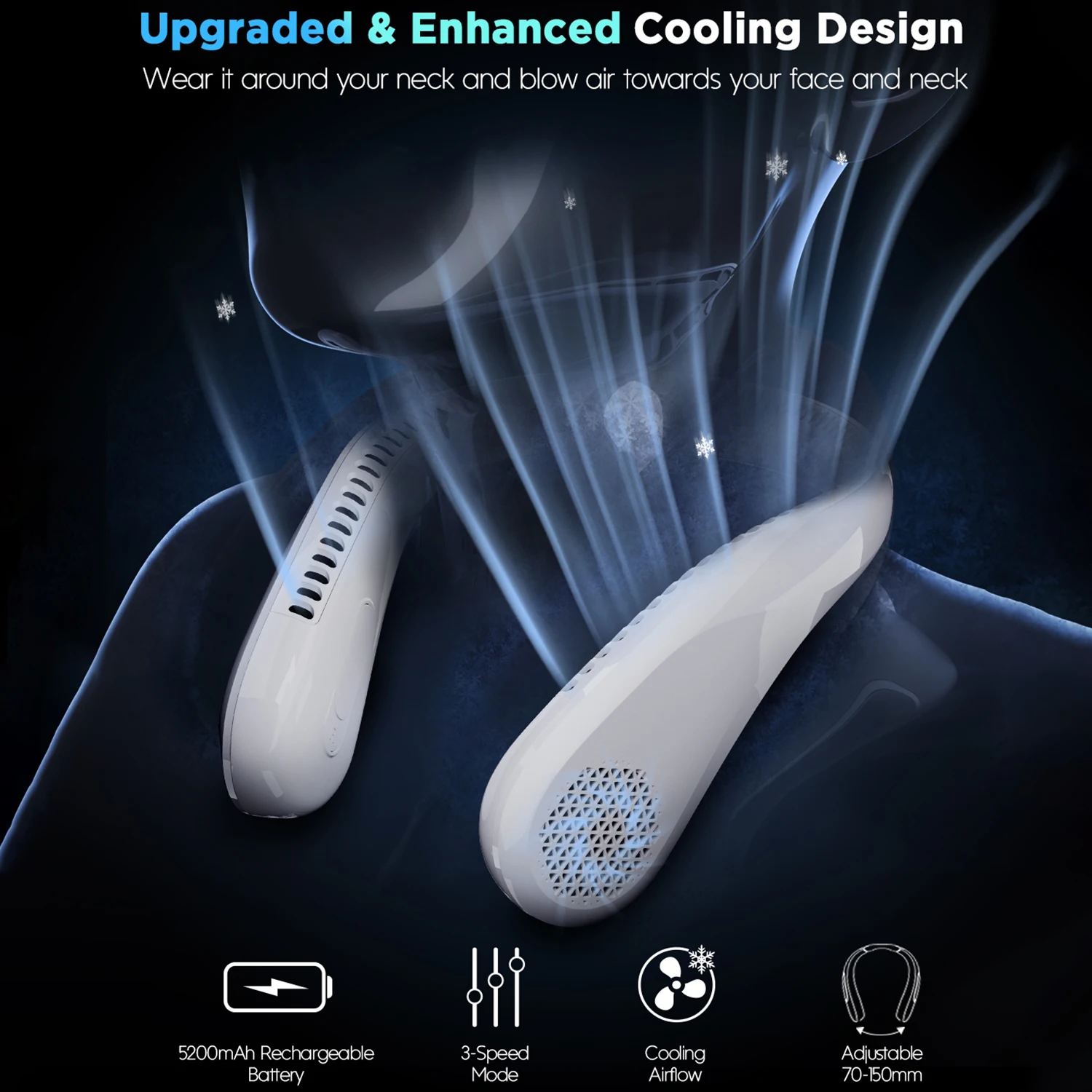 Portable Neck Fan, Rechargeable Bladeless Wearable Fan with 4 Speeds, 66 Vents, Lightweight Personal Fan for Work, Cooking, Travel, Camping, Gym