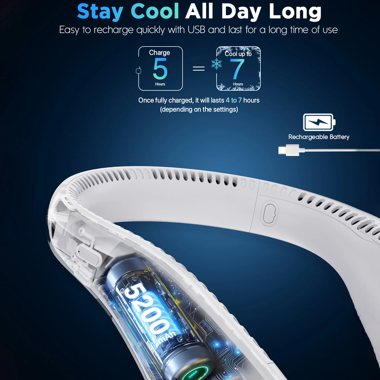 Portable Neck Fan, Rechargeable Bladeless Wearable Fan with 4 Speeds, 66 Vents, Lightweight Personal Fan for Work, Cooking, Travel, Camping, Gym
