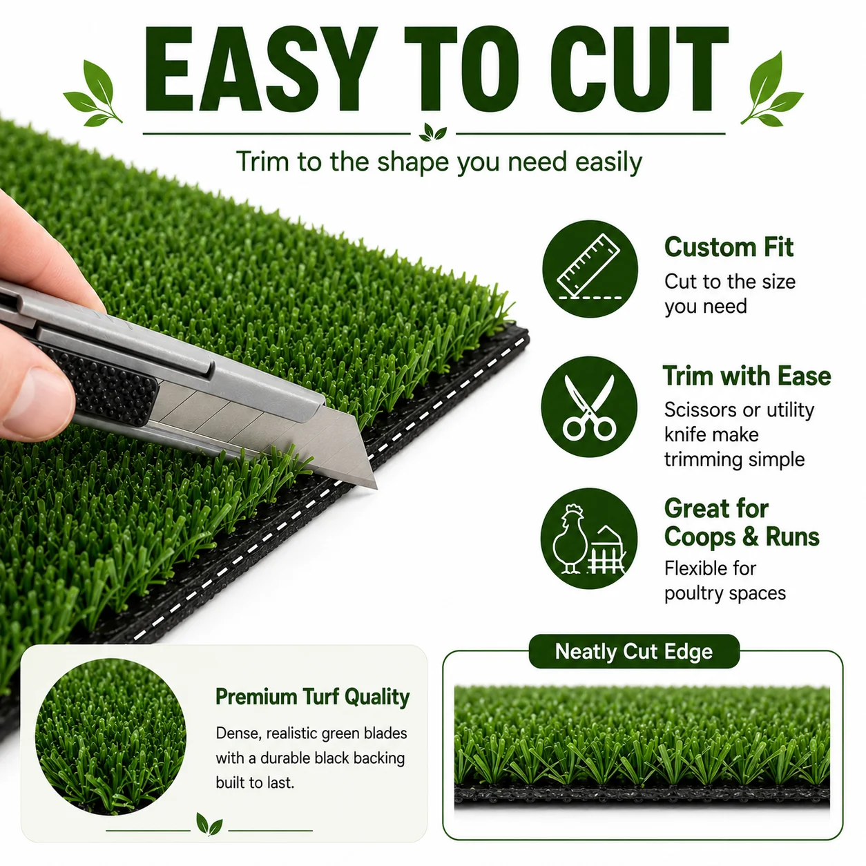 6FT X 30FT Artificial Grass Turf Roll 0.4in Poultry Coop Flooring Mat Quick Drain Synthetic Rug Black Backing Easy Clean Outdoor Farm Cover with Stakes for Chickens & Ducks