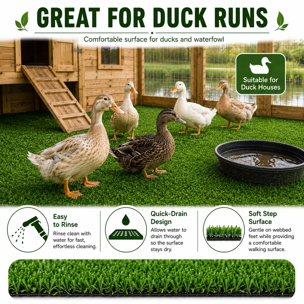 6FT X 30FT Artificial Grass Turf Roll 0.4in Poultry Coop Flooring Mat Quick Drain Synthetic Rug Black Backing Easy Clean Outdoor Farm Cover with Stakes for Chickens & Ducks