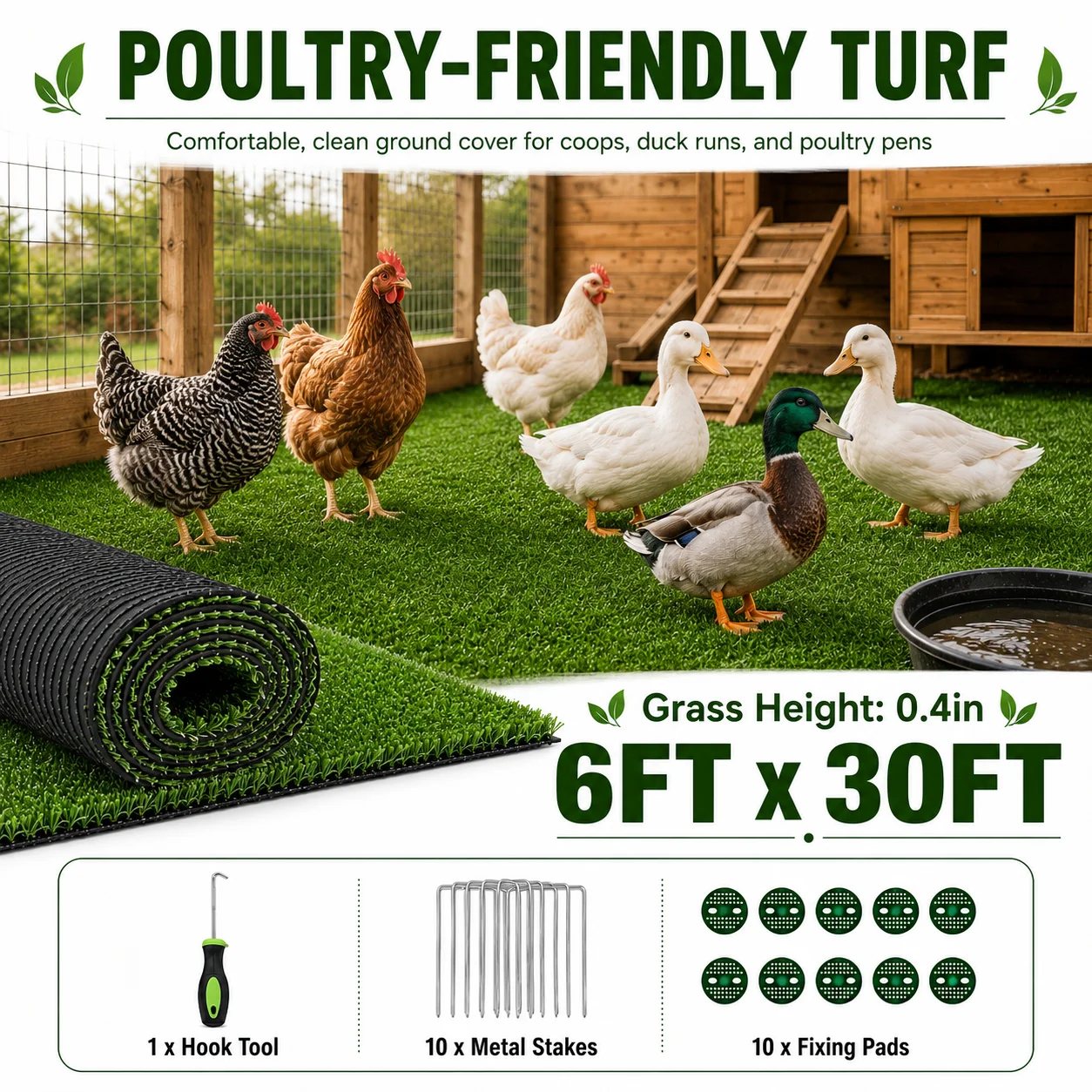 6FT X 30FT Artificial Grass Turf Roll 0.4in Poultry Coop Flooring Mat Quick Drain Synthetic Rug Black Backing Easy Clean Outdoor Farm Cover with Stakes for Chickens & Ducks