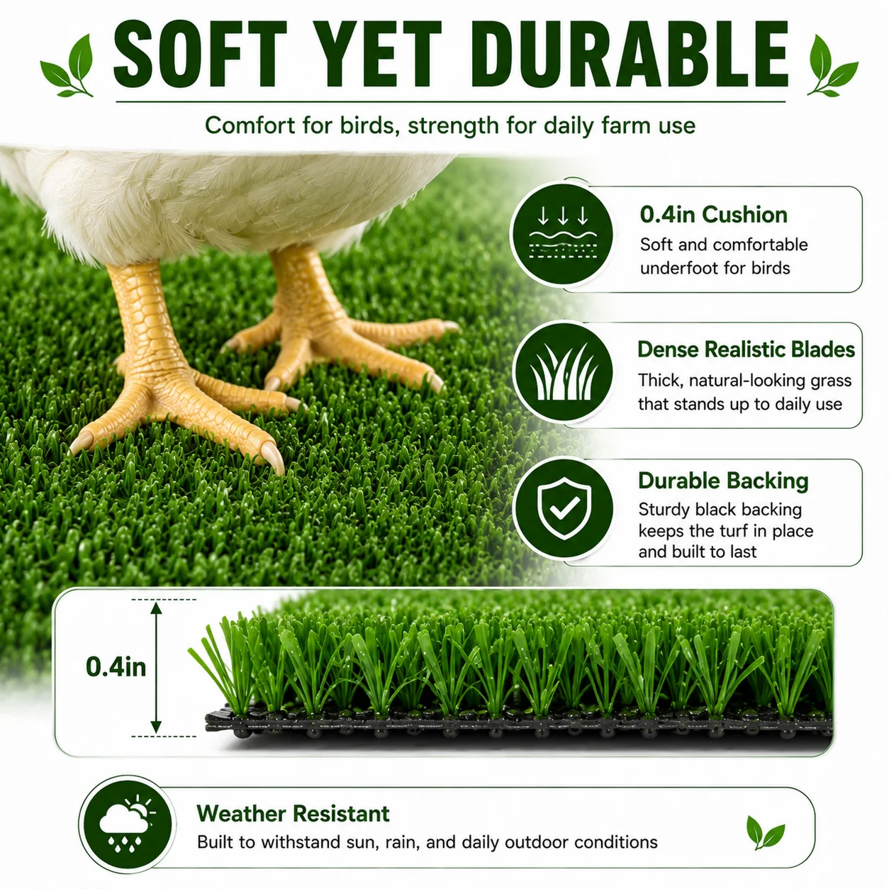 6FT X 30FT Artificial Grass Turf Roll 0.4in Poultry Coop Flooring Mat Quick Drain Synthetic Rug Black Backing Easy Clean Outdoor Farm Cover with Stakes for Chickens & Ducks