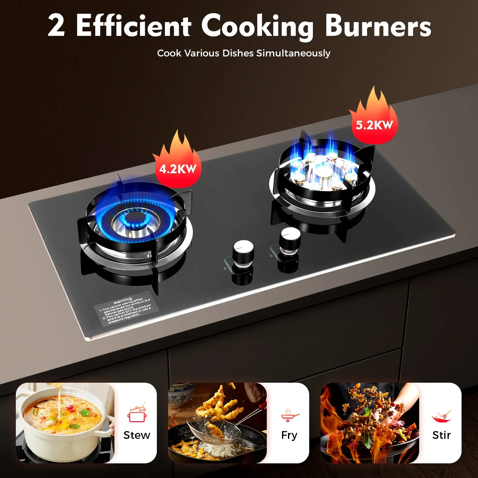 2 Burner Propane Gas Cooktop, Countertop/Recessed Tempered Glass Stove Lpg/Natural Gas Hob with Black Crystal Glass Panel