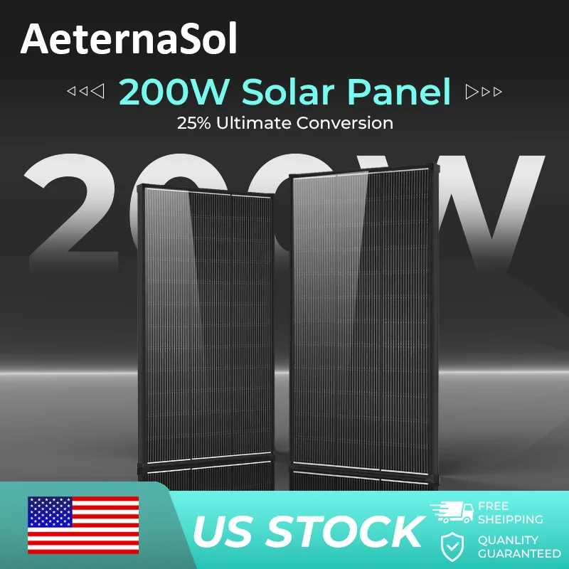(US Stock 2-5 Days) AeternaSol 200W Solar Panel 18BB Monocrystalline IP68 24V Off Grid Solar Power System PV Module 12V Battery Charger for RV Boat Marine Camper Camping Home Shed Cabin Farm Outdoor Emergency Backup Travel Trailer Van