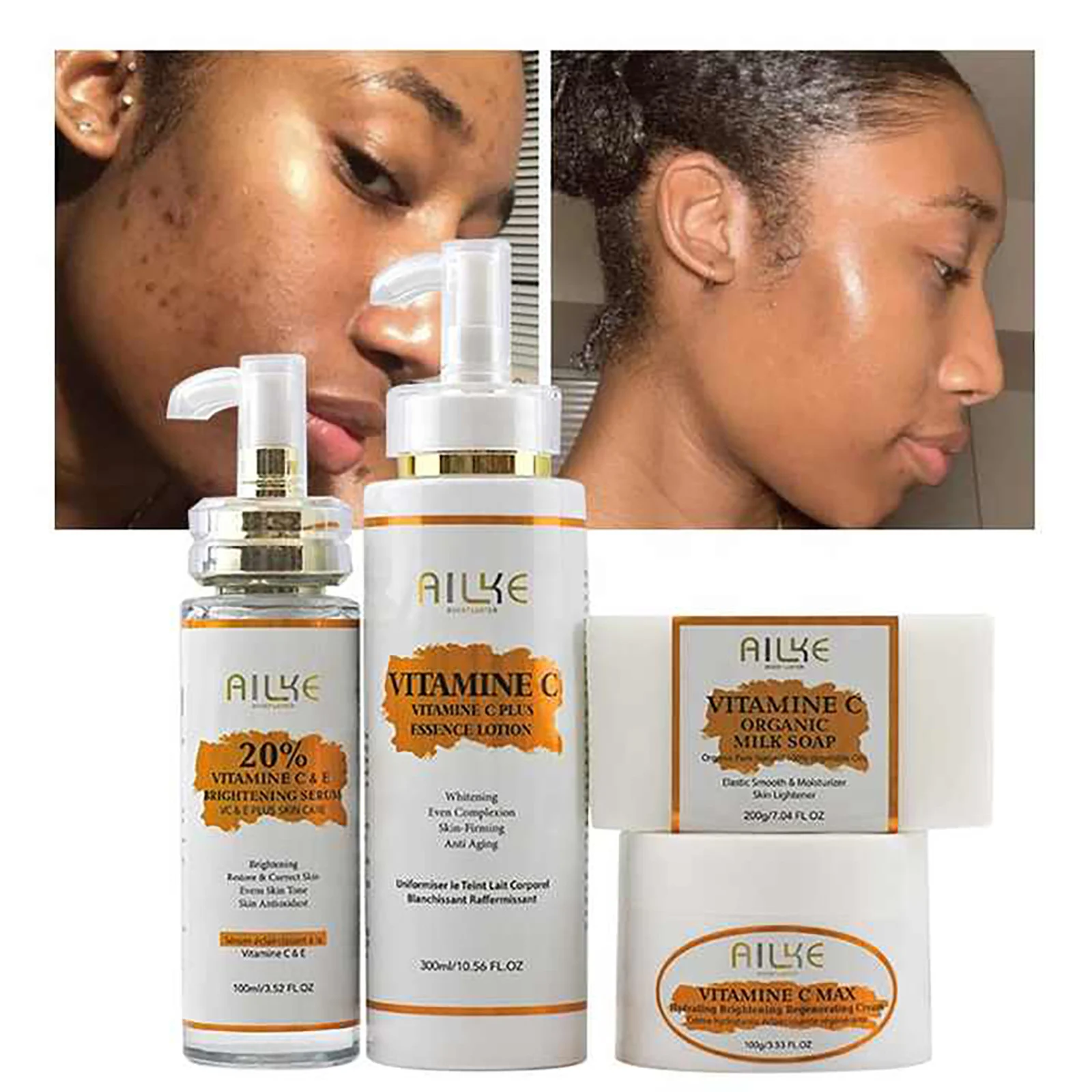 AILKE Vitamin C Set, Reduce Dark Spots, with Lightening Body Lotion, Even Tone Face Cream, Whitening Serum, Brightening Soap