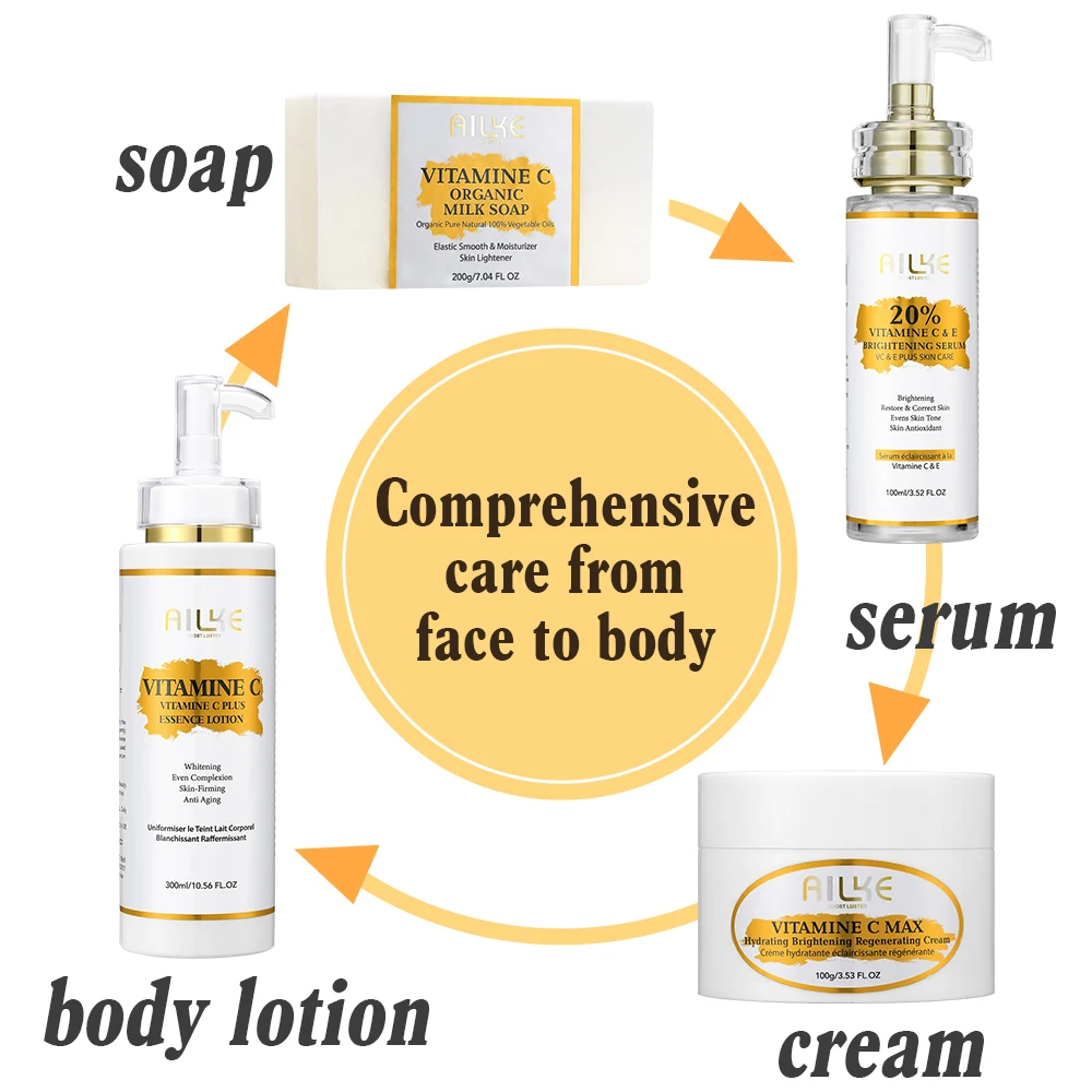 AILKE Vitamin C Set, Reduce Dark Spots, with Lightening Body Lotion, Even Tone Face Cream, Whitening Serum, Brightening Soap