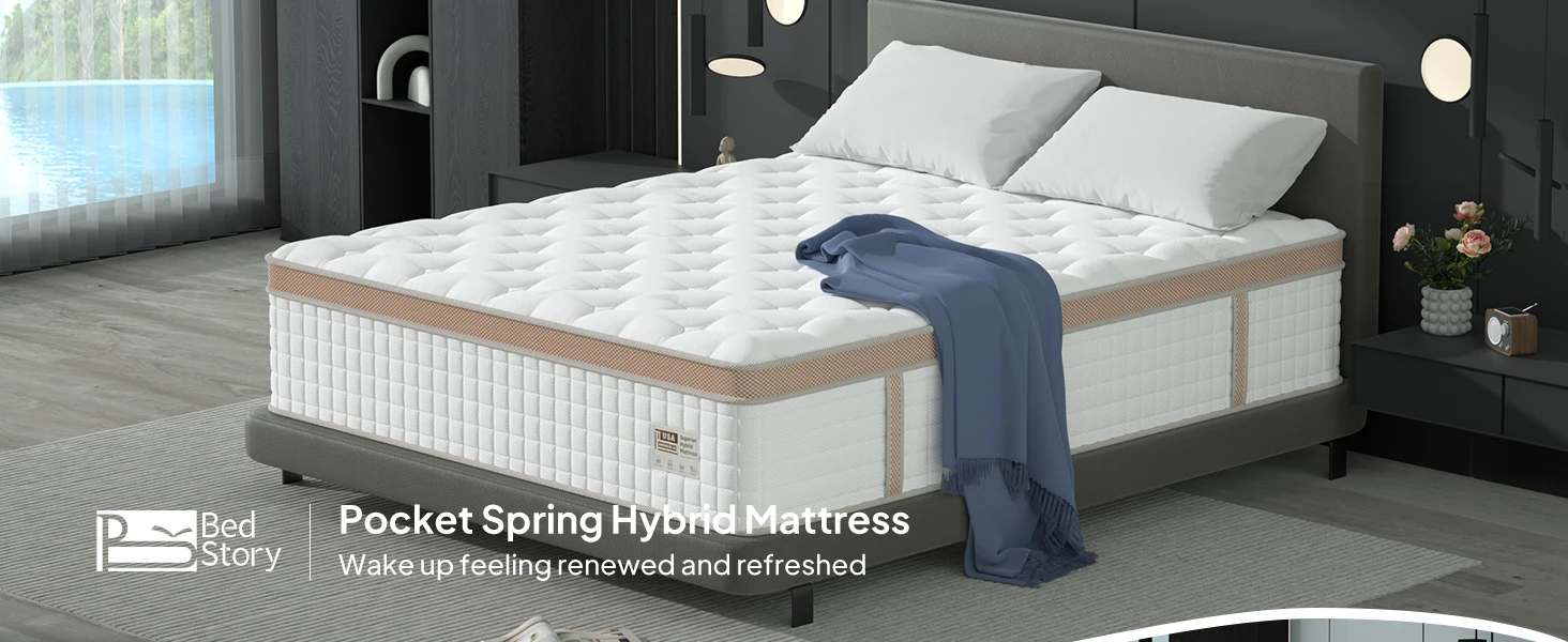 BedStory 14'' Full/King/Queen Size Mattress, Luxury Hybrid Mattress, Gel Memory Foam & Pocket Springs, Manufactured in USA