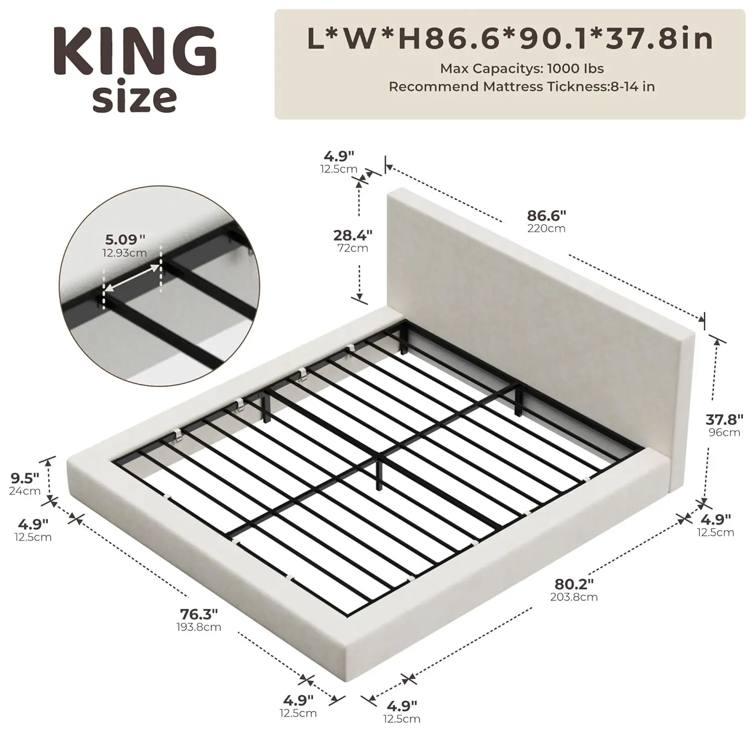 Upholstered King Bed Frame Foam Padded Platform Headboard No Box Spring Easy Assembly Bedroom Furniture, Customized