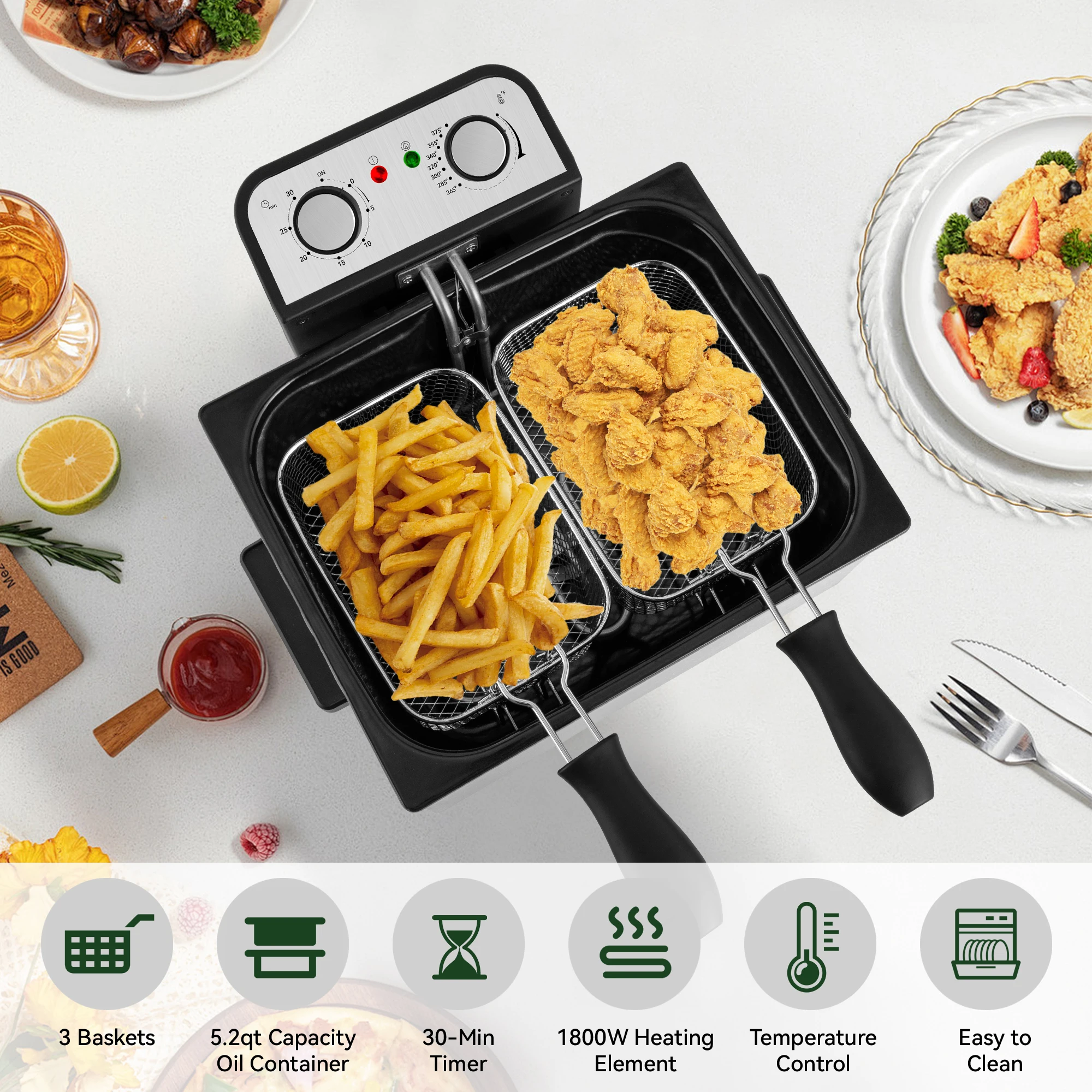 Suslas 1.5L-6L Electric Deep Fryer Stainless Steel Countertop Fryer with View Window, Adjustable Temp & Removable Basket