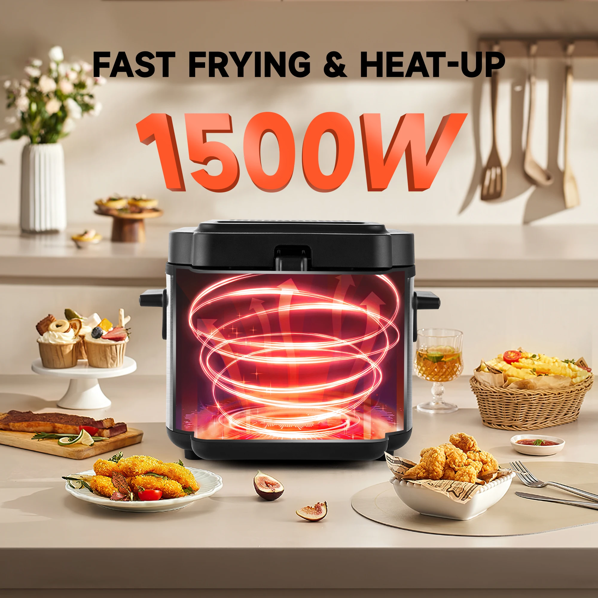 Suslas 1.5L-6L Electric Deep Fryer Stainless Steel Countertop Fryer with View Window, Adjustable Temp & Removable Basket