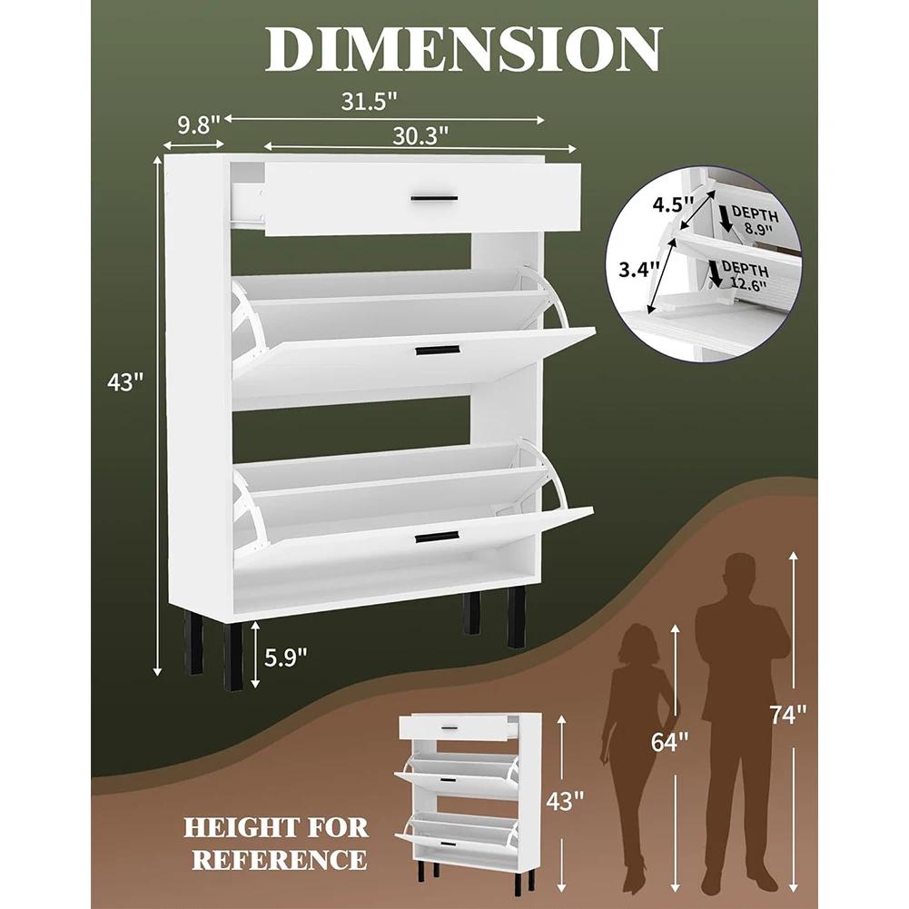 Shoe Storage Cabinet with Dual Flip Drawers, Space-Saving Shoe Organizer for Entryway, Hallway, or Mudroom, Hidden Shoe Rack Cup