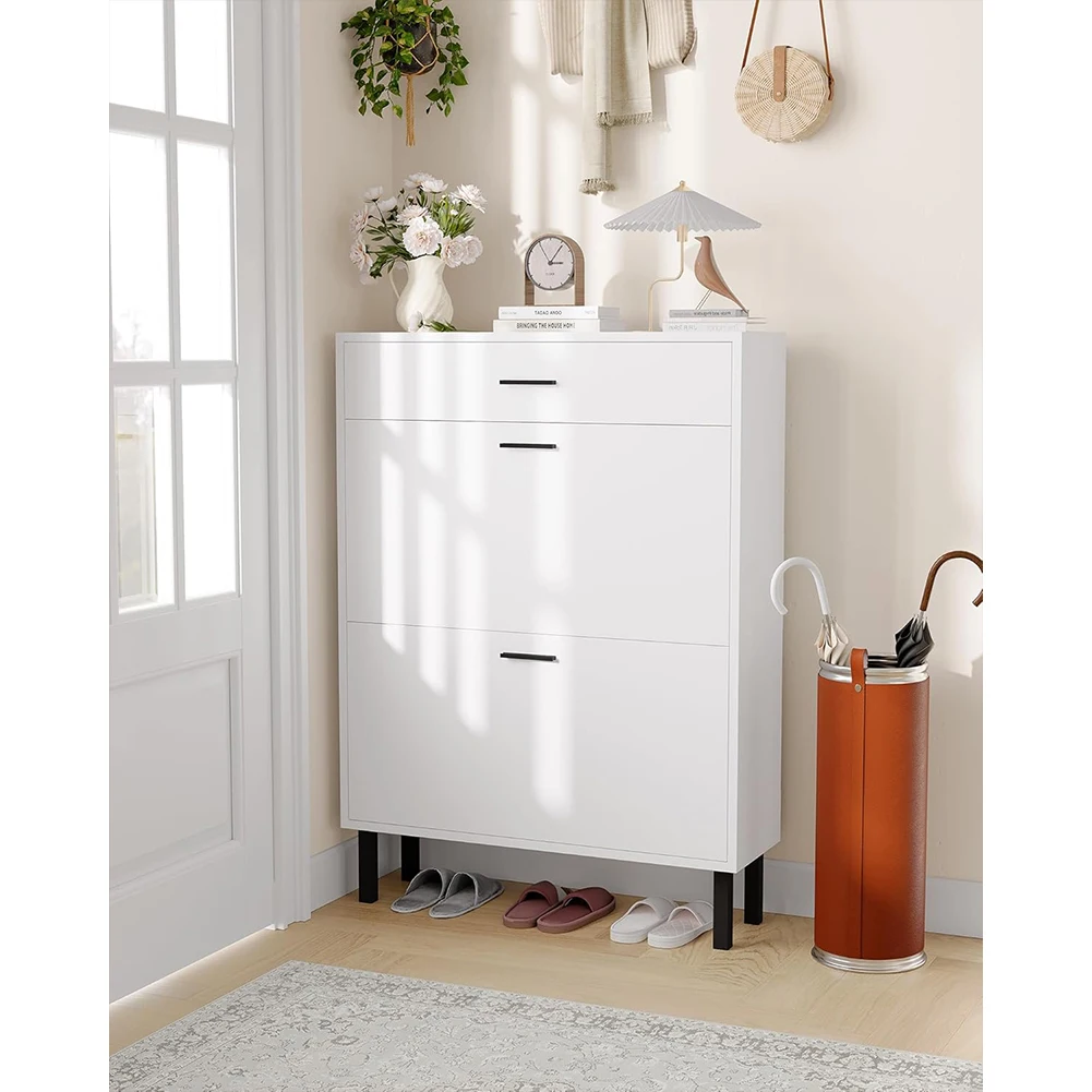Shoe Storage Cabinet with Dual Flip Drawers, Space-Saving Shoe Organizer for Entryway, Hallway, or Mudroom, Hidden Shoe Rack Cup
