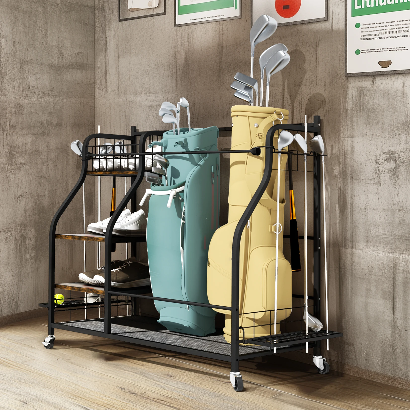 Multifunctional Rolling Golf Bags Storage Shelf Metal Sports Equipment Organizer Rack with Wheels