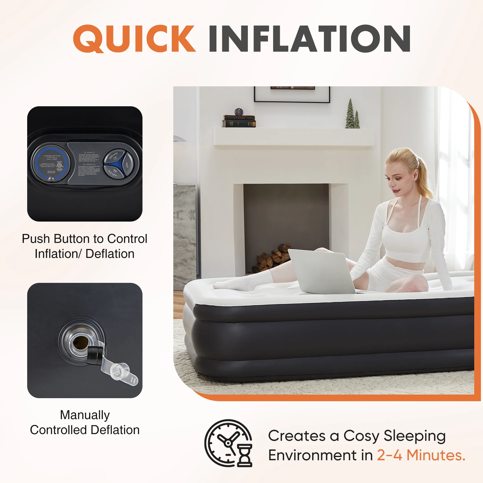 MCQ 16IN Air Mattress with Built in Pump Double Height Air Bed Weight Capacity 660 lbs Non-Slip Bottom Home Bedroom Furniture