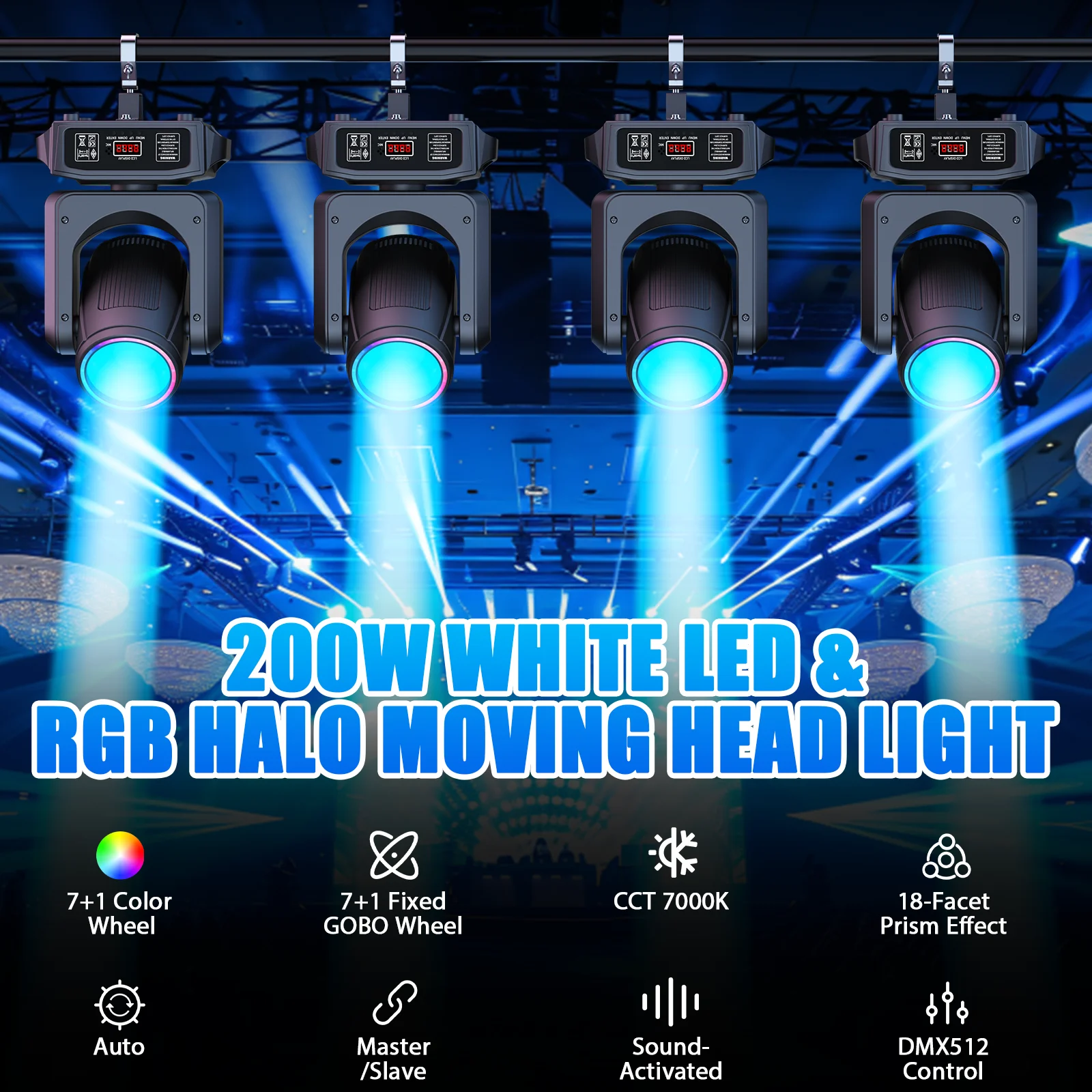 DayFlicker 200W White LED And RGB Halo 18-Facet Prism Moving Head with DMX512 14CH Sound-Activated For Disco Wedding Parties
