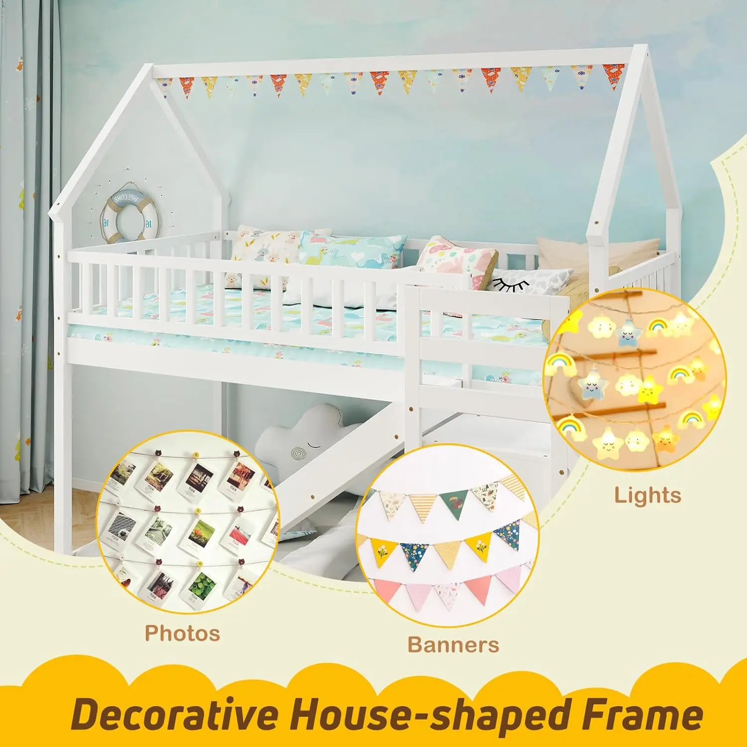 Twin Over Twin Bunk Bed with Slide Stairs Storage Shelves Wood Floor Bed for Kids Teens No Box Spring White, Customized