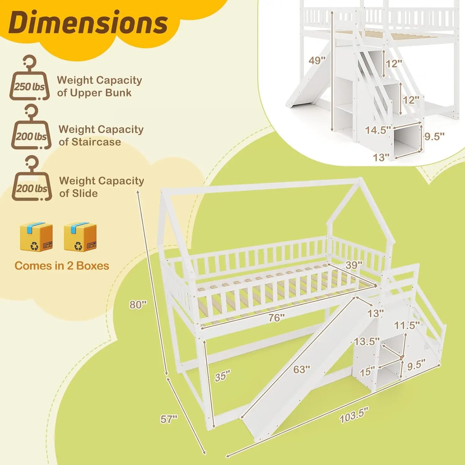 Twin Over Twin Bunk Bed with Slide Stairs Storage Shelves Wood Floor Bed for Kids Teens No Box Spring White, Customized