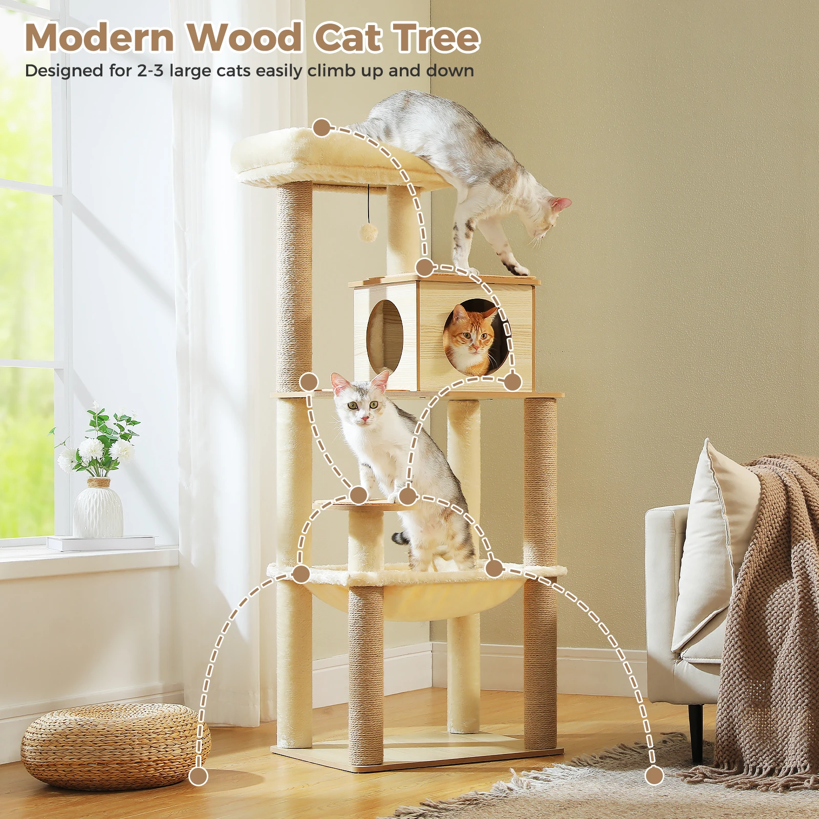 Wood Cat Tree with Sisal Scratching Posts Large Hammock Cozy Condo Bed Multi-Level Cat Tower for Indoor Cats Furniture Cat Toys
