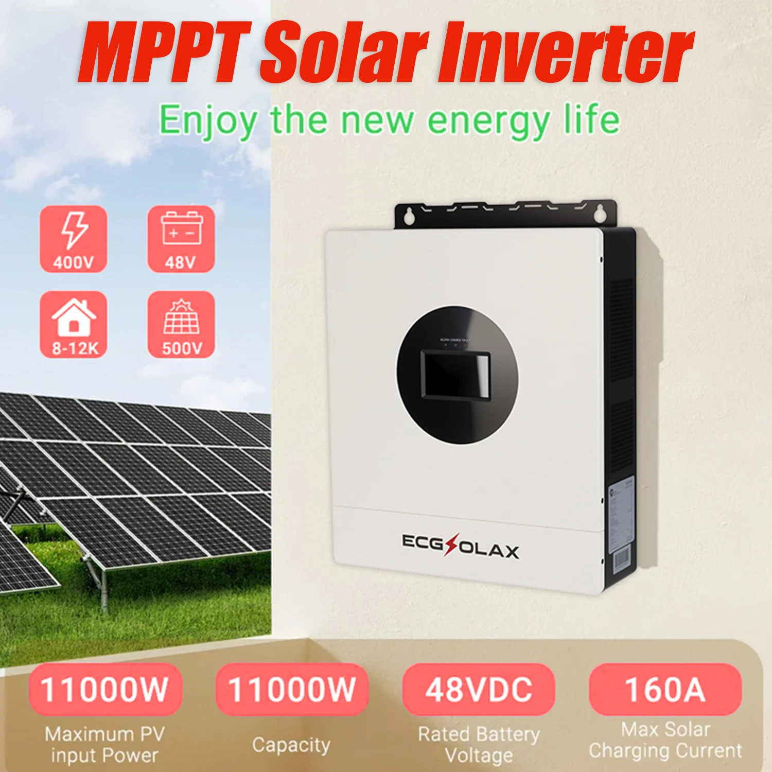 ECGSOLAX 8KW Hybrid Solar Inverter 48V 110V/240V Split Phase Pure Sine Wave Inverter With MPPT 120A Charging Controller PV 500V