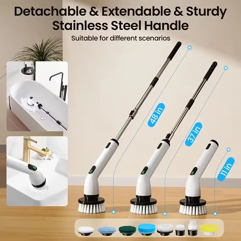9-in-1 USB Rechargeable Electric Cleaning Brush Telescopic Handle 8 Brush Heads Multi-Surface Cleaner for Home Car