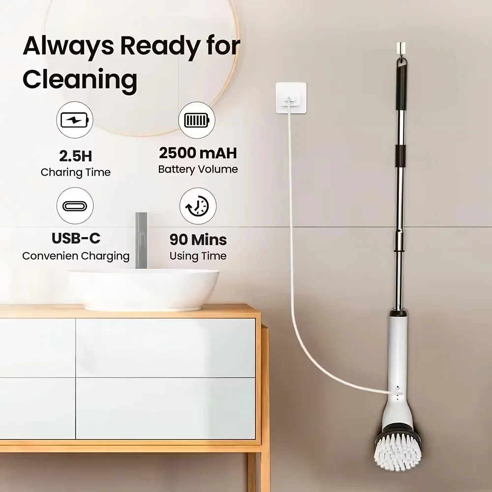 9-in-1 USB Rechargeable Electric Cleaning Brush Telescopic Handle 8 Brush Heads Multi-Surface Cleaner for Home Car