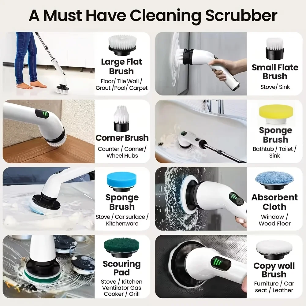9-in-1 USB Rechargeable Electric Cleaning Brush Telescopic Handle 8 Brush Heads Multi-Surface Cleaner for Home Car