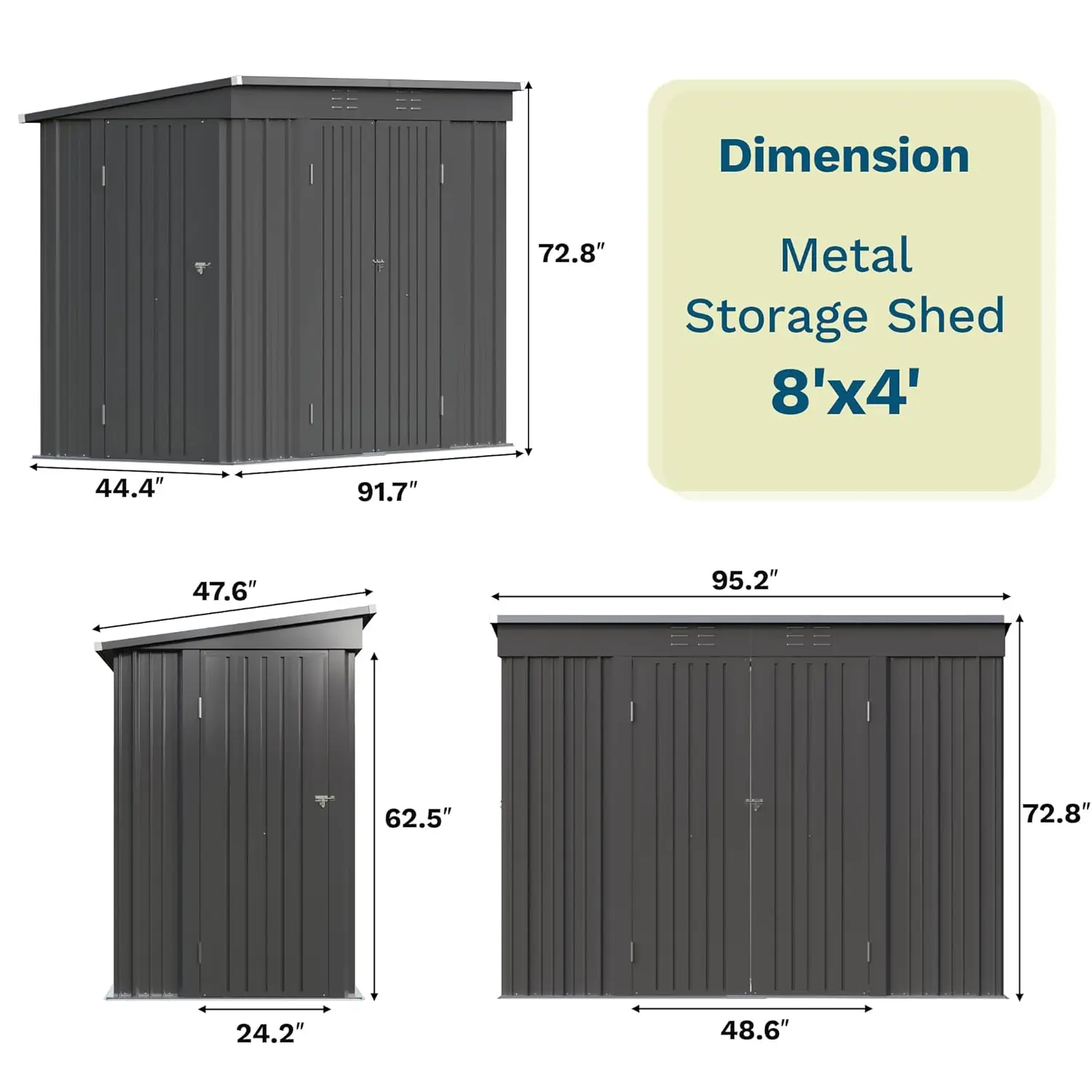 8x4 FT Outdoor Metal Storage Shed 3 Doors Tool Garden Backyard Black Customized