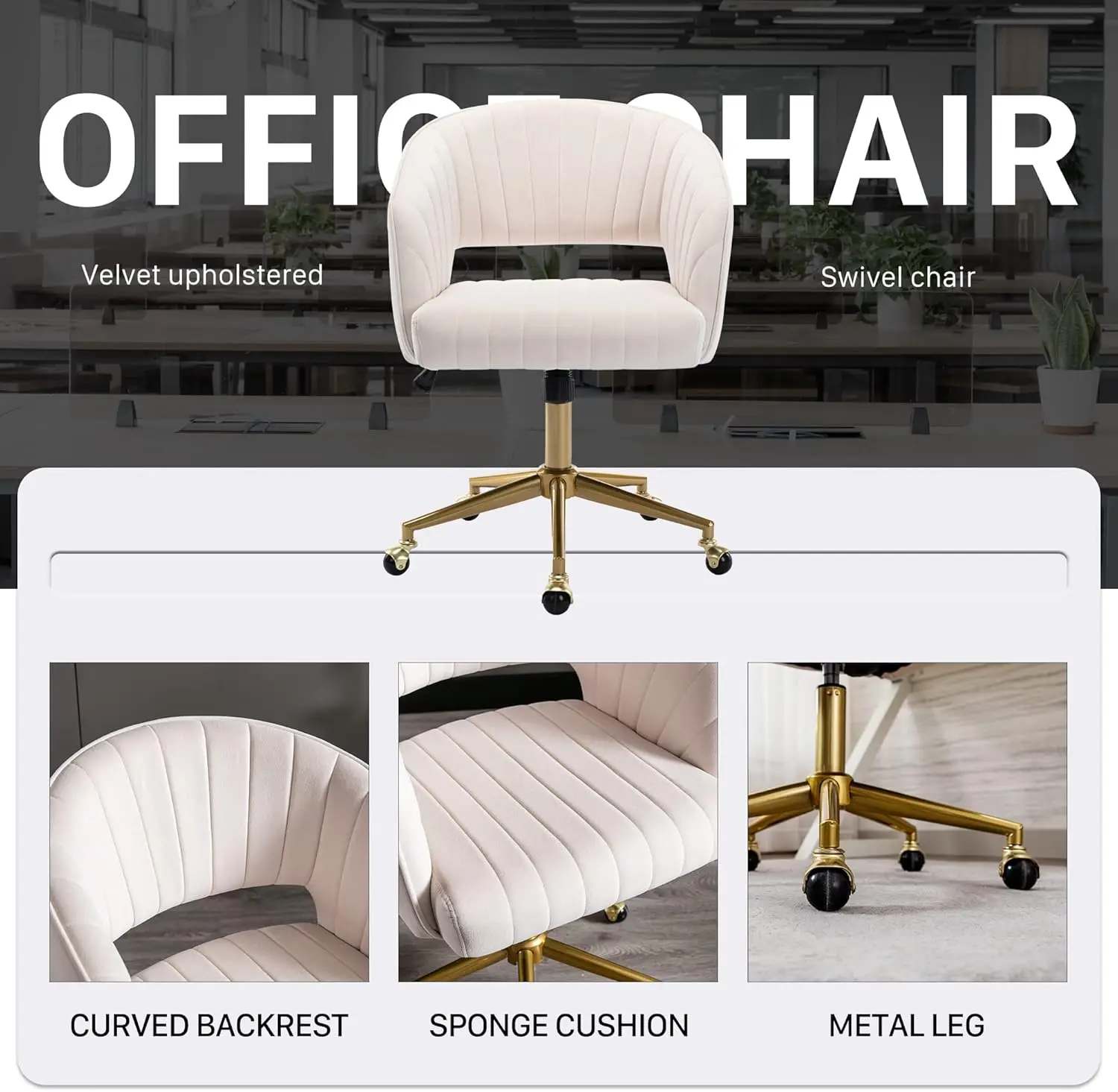 Home Office Swivel Velvet Desk Chair Modern Tufted Accent Armchair with Gold Base Ergonomic Computer Task Stool for Living Room