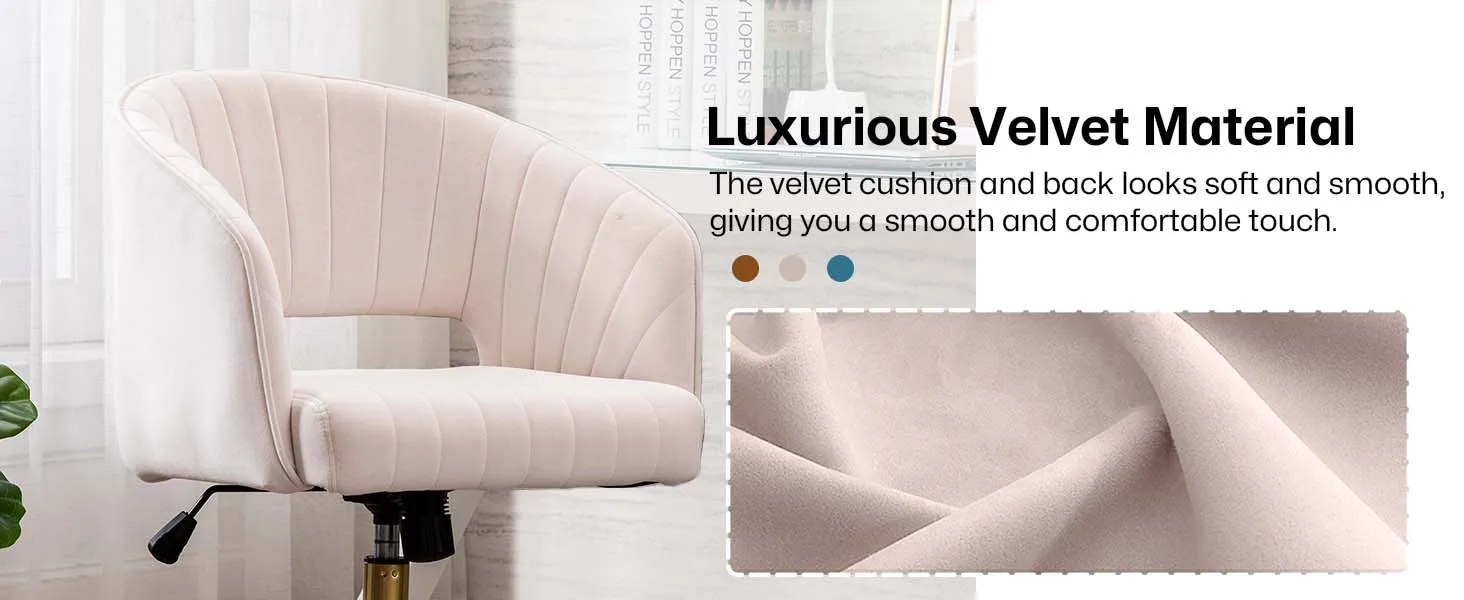 Home Office Swivel Velvet Desk Chair Modern Tufted Accent Armchair with Gold Base Ergonomic Computer Task Stool for Living Room