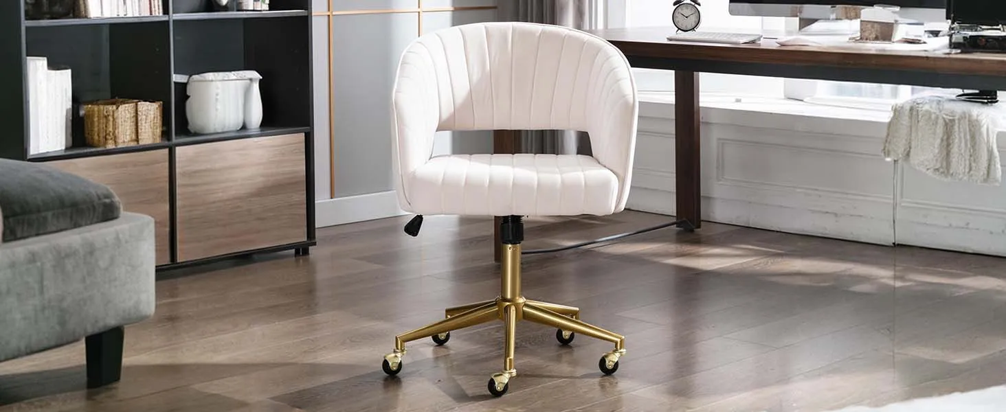 Home Office Swivel Velvet Desk Chair Modern Tufted Accent Armchair with Gold Base Ergonomic Computer Task Stool for Living Room
