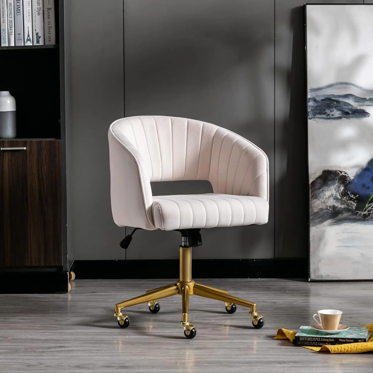 Home Office Swivel Velvet Desk Chair Modern Tufted Accent Armchair with Gold Base Ergonomic Computer Task Stool for Living Room